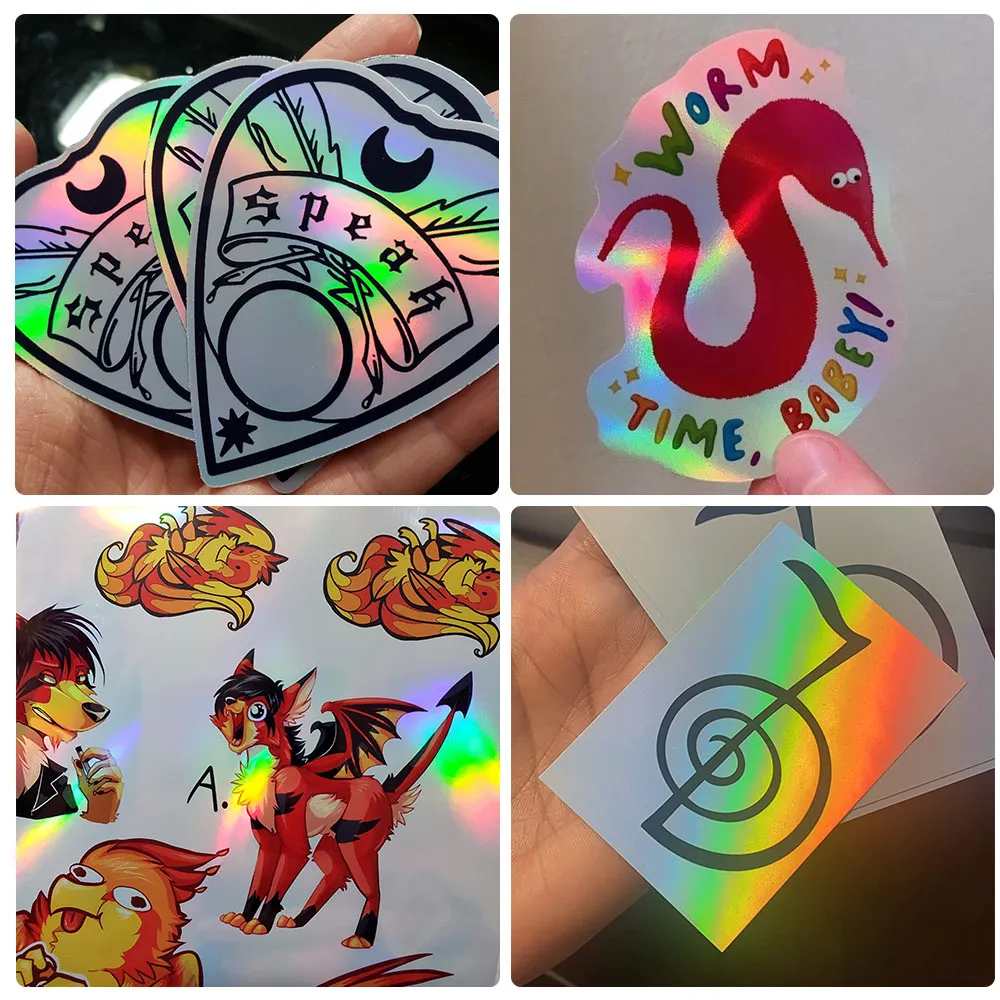 Tem nhựa Holographic 7 màu, chống nước, cán bóng hoặc mờ , A3 size